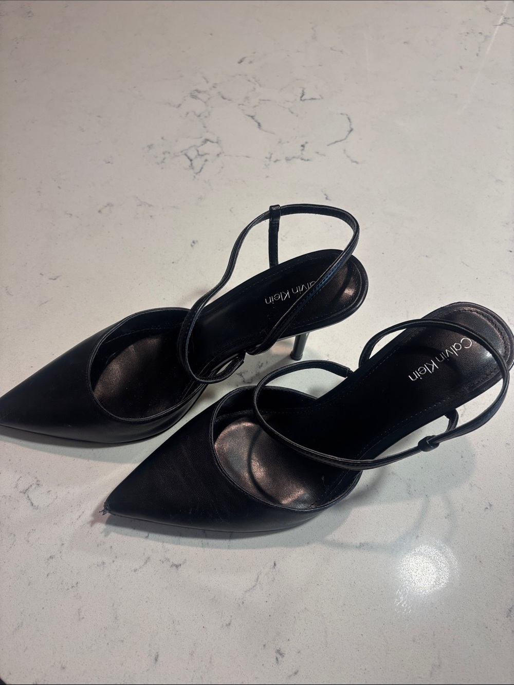 Calvin Klein Black Pointed Sling Pumps with Slim Strap